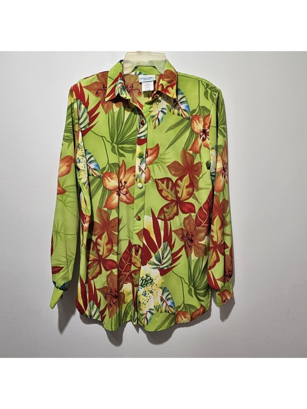 Vintage Caribbean Traders Womens Size M Lime Vibrant Floral Long Sleeve Top USA